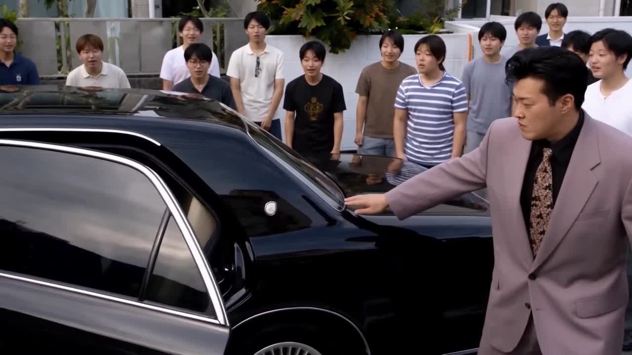 黒い車の後部ドアを開ける薄紫のスーツ姿の人物と周囲の人々