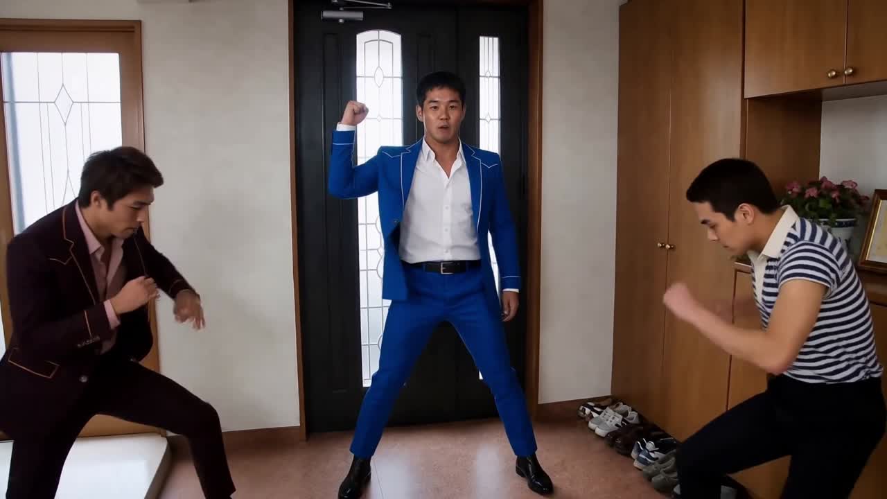 玄関で踊る中央の青いスーツ、左のえんじ色のスーツ、右の横縞シャツの3人