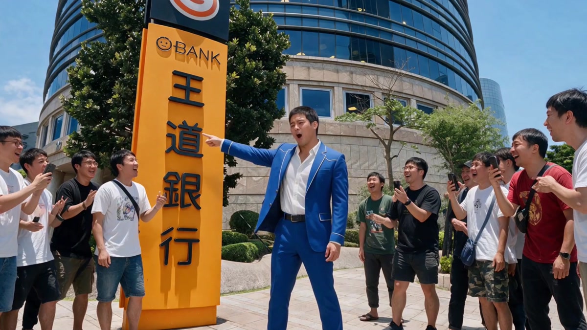 主人公が黄色い王道銀行の看板を指し周囲の人々がスマートフォンを向けている
